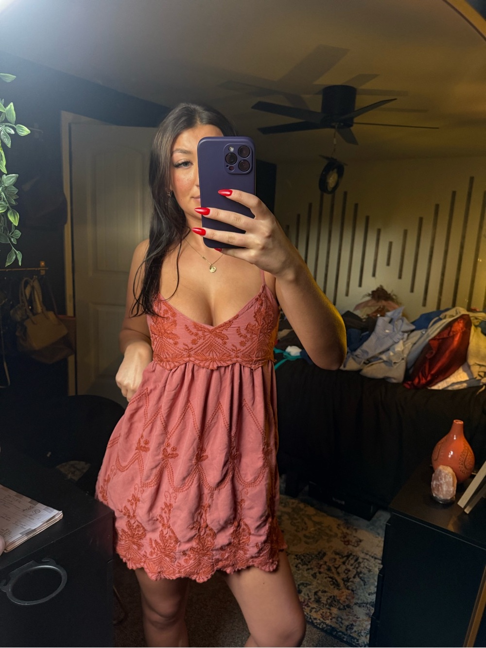 Urban Outfitters Coral Embroidered Mini Slip Dress